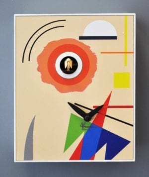 cuckoo clock inspired by Kandinsky, with multiccloured design on cream background