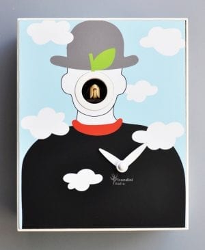Cuckoo clock based on a design by Magritte, a cuckoo replaces the face of the bowler hatted man