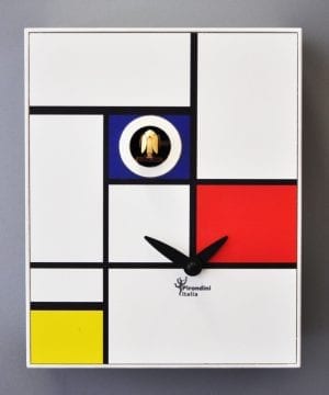 Mondrian inspired clock with cuckoo appearing from the blue rectangle