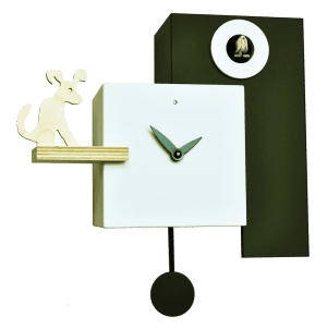 Black and white cubist clock, with dog perched to one side