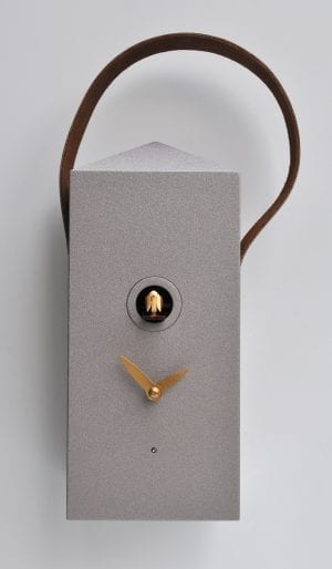 rectangular clock in silver grey with leather strap, in the form of a lantern