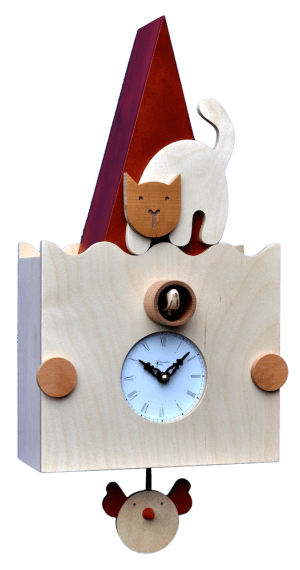 Micio cuckoo clock in natural woods with cat and dog features