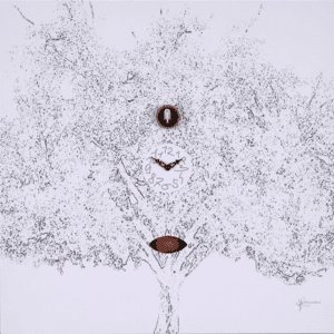 Black and White, with a tree image, and cuckoo centered in the tree