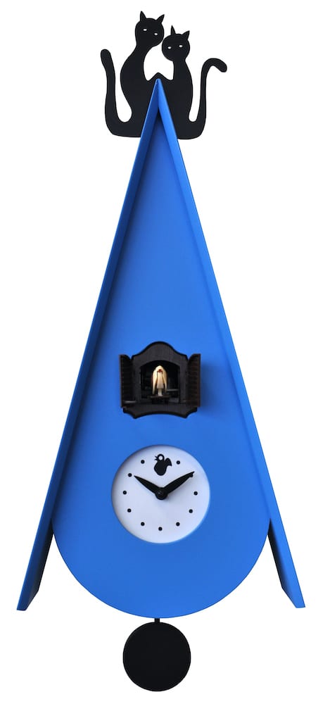 cuckoo clock in style of a bird house, with two cats perched on the roof