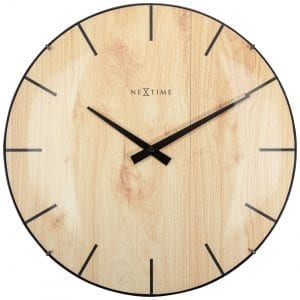 A light wood face under a glass dome, with simple black hands and hour markers, giving a simple design to this clock