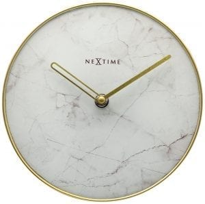 White marble effect clock case with gold coloured hands.