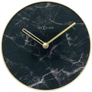 Black marble effect clockface with elegant gold hands, and gold frame. The clock has no numbers or hour markers to retain the elegance of the face