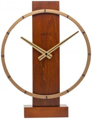 A band of wood supports the ring of the clock, with the hour markers etched into this ring. The hands are also gold.