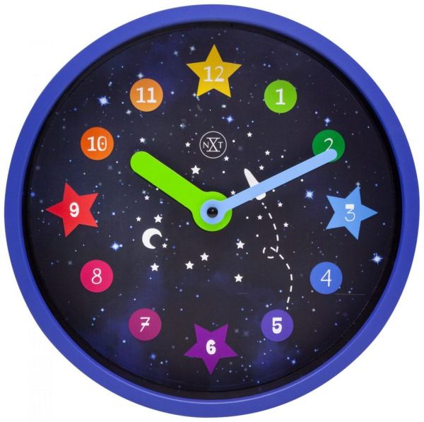 Apollo, a fun, colourful clock in black with multicoloured shapes around the edge which contain the hours. The case is blue and the hands are green and blue