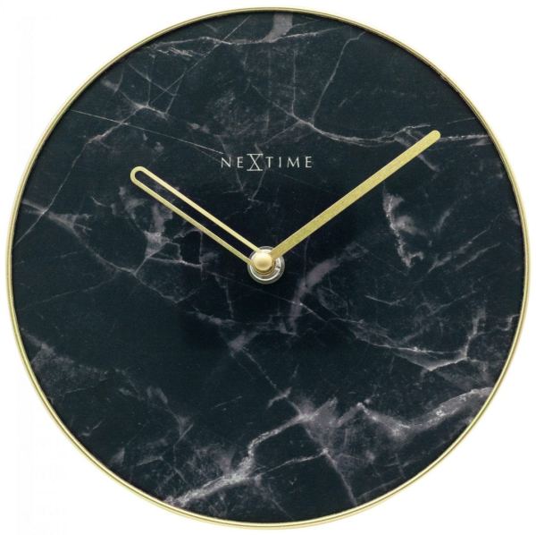 Black marble effect clockface with elegant gold hands, and gold frame. The clock has no numbers or hour markers to retain the elegance of the face
