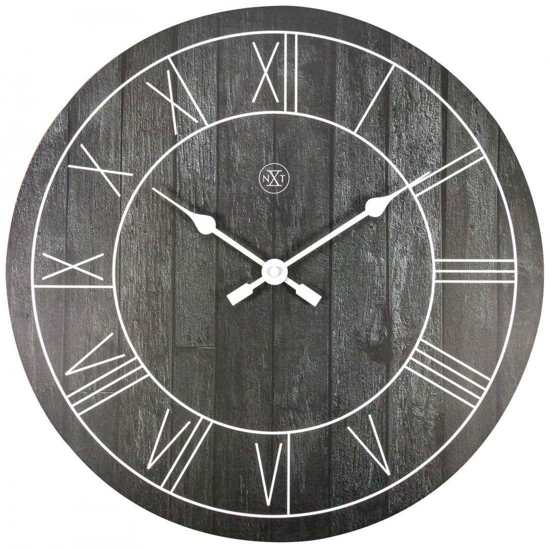 A distressed black clockface with white roman numbers and hands, giving a modern look with a classical twist