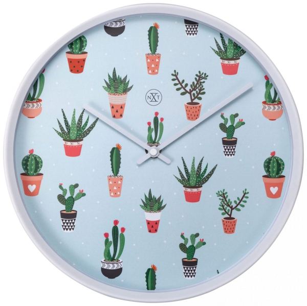 Cactus clock, decorated with green cacti in red or brown pots. The case and hands are white
