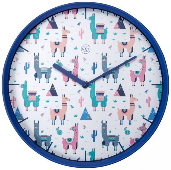 Alpaca clock, with multicoloured alpaca images on a white clock face. The hands and case are in blue