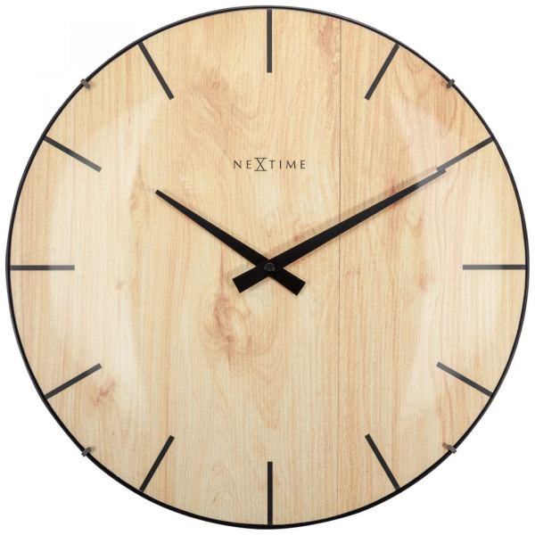 A light wood face under a glass dome, with simple black hands and hour markers, giving a simple design to this clock