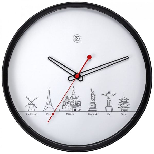 World Tour, a clock with a white face set in a black frame, with icons of world famous landmarks in black outline.
