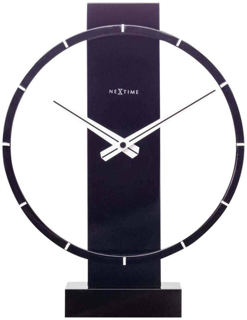 Carl wall or table clock in black. The black chapter ring is supported on a black wooden post, and the clock has white hands and hour markers