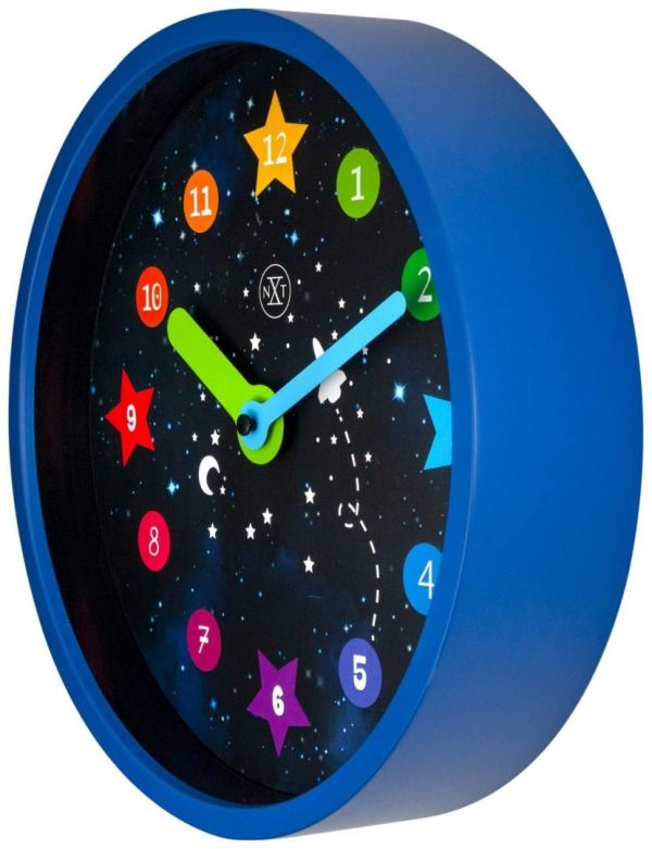 rightside view of Apollo, in a blue case, with black face featuring multicoloured shapes with the hour numbers and astrological shapes to bring out the space theme