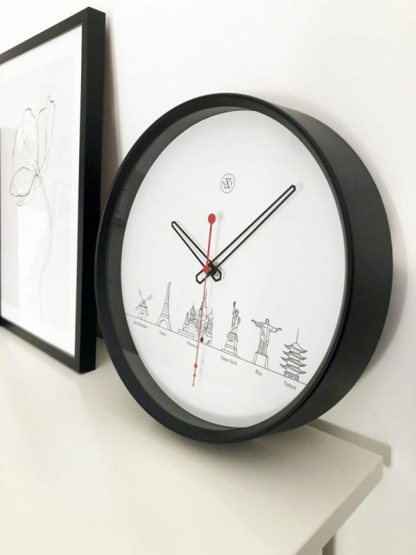 View of World Tour clock in black and white, and famous landmarks detailed on the clock face.