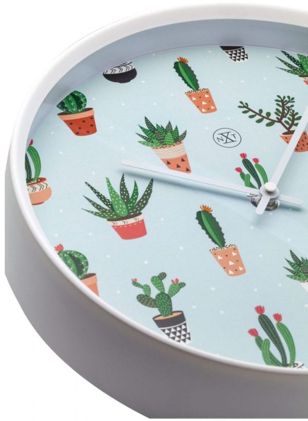side view of cactus clock, showing detail of the cacti decorating the face