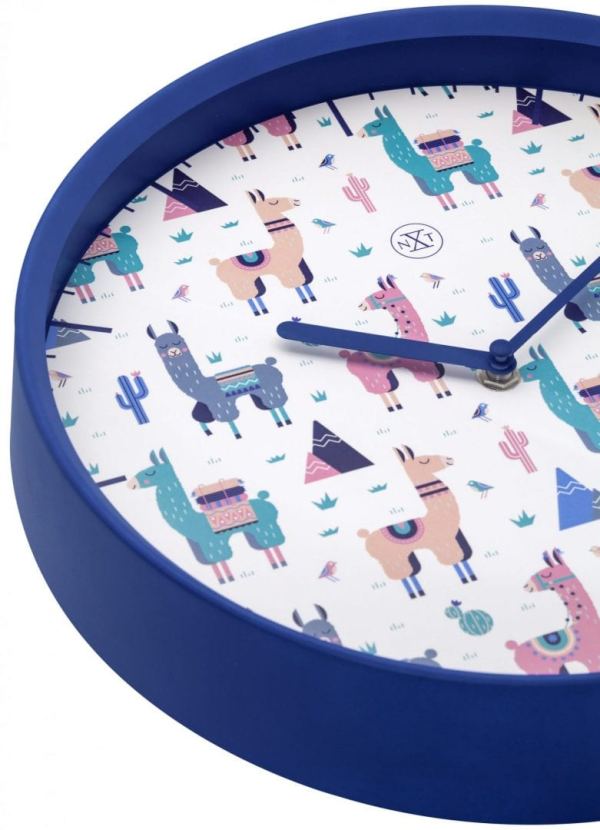 side view of alpaca blue and white clock, with multicoloured alpacas decorating the clock face