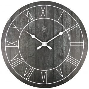 A distressed black clockface with white roman numbers and hands, giving a modern look with a classical twist