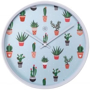 Cactus clock, decorated with green cacti in red or brown pots. The case and hands are white