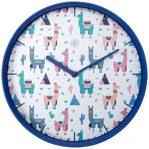 Alpaca clock, with multicoloured alpaca images on a white clock face. The hands and case are in blue