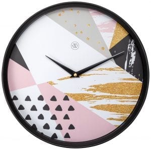 Multicoloured Grace wall clock, with pink, ombre, grey white and black geometric shapes on its face, and a simple black case and hands