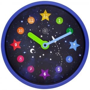 Apollo, a fun, colourful clock in black with multicoloured shapes around the edge which contain the hours. The case is blue and the hands are green and blue