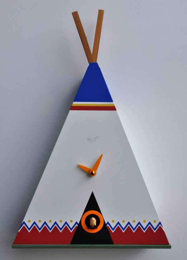 A fun clock in the shape of a tipi, in white with red blue and yellow detail.