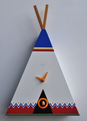 A fun clock in the shape of a tipi, in white with red blue and yellow detail.