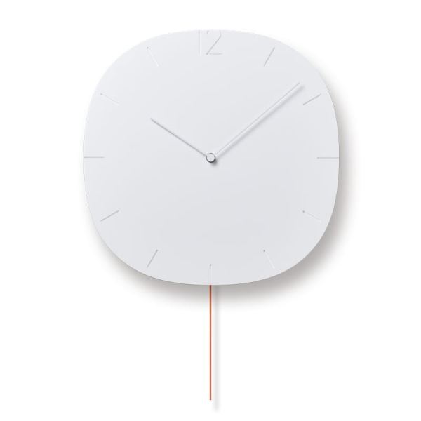 Carved SE - a beautiful superellipse shaped wall clock in a minimalist design: the numbers appear to be carved into the clockface, the the look is completed by a contrasting red slow pendulum