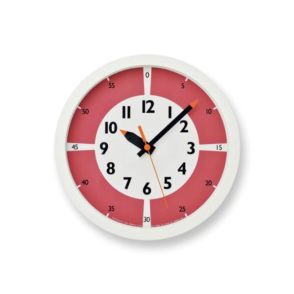 Red Fun Pun wall clock with white detail and hands that resemble crayons