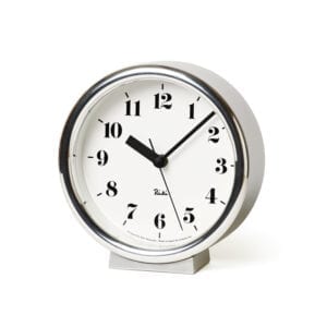 RIKI aluminum wall or desk clock, made of cast polished aluminium, with a clear face, a small clock by designer Riki Watanabe