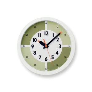 Fun Pun Clock designed specifically for children (although it would also look great around the home!) in green and white. The hour and minute indicators resemble crayons.