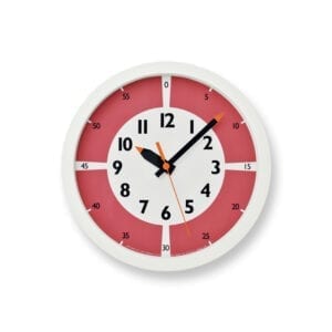 Red Fun Pun wall clock with white detail and hands that resemble crayons