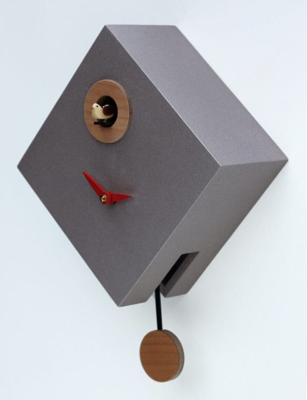 Rombino aluminium effect cuckoo clock viewed from the right hand side