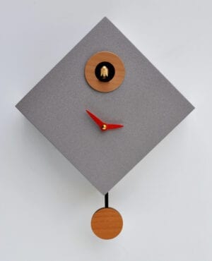 The rombino cuckoo clock in aluminium effect MDF with wooden trim and red hands