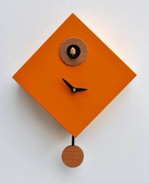 Rombino cuckoo clock in orange-yellow, with wooden detail and black hands