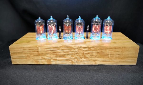 front view of cadence oak, showing solid oak frame and back lit nixie tubes