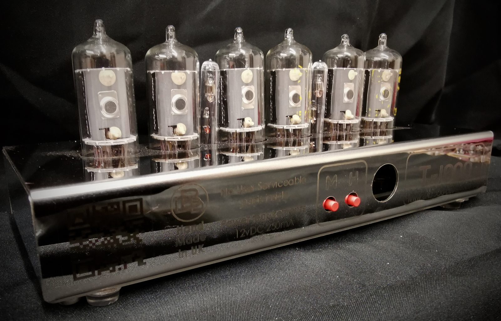 Rear view of T-1000 nixie clock showing two button operation,