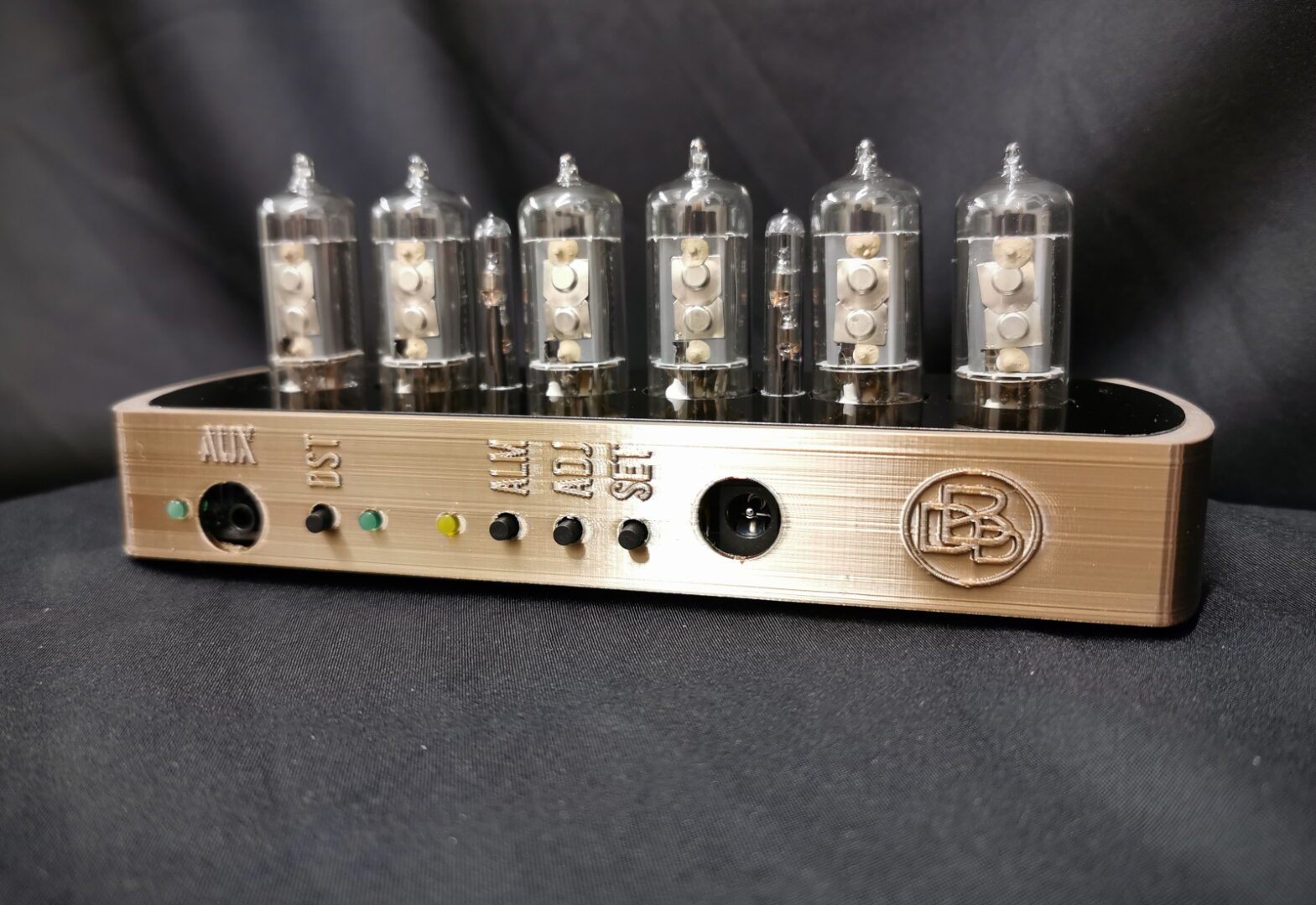 rear of Genesis GS gold and smoked nixie clock
