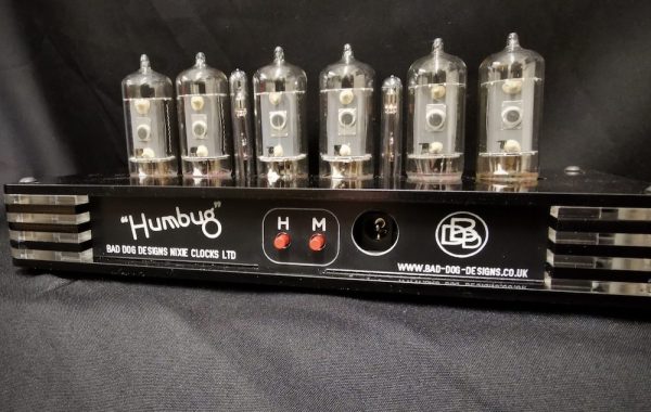 Rear view of the Humbug clock showing controls and unlit nixie tubes