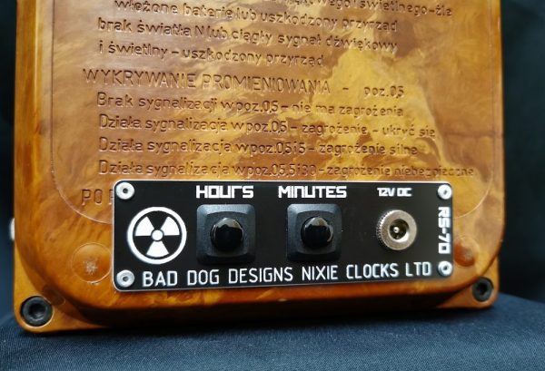 rear view of the geiger mini, showing bad dog branding, and detail of the geiger counter's heritage