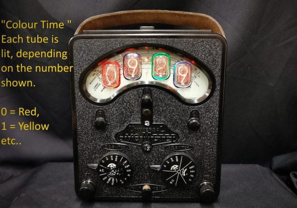Avo heritage clock, made from old Avo meters, complete with bakelite front panel. Nixie tube displays the time and is back lit