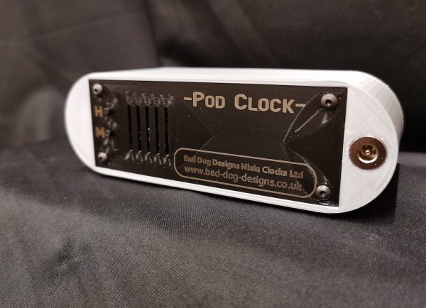 rear view of silver POD nixie clock