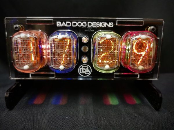 Closeup of the junior nixie clock to demonstrate how the colours are displayed on the clock