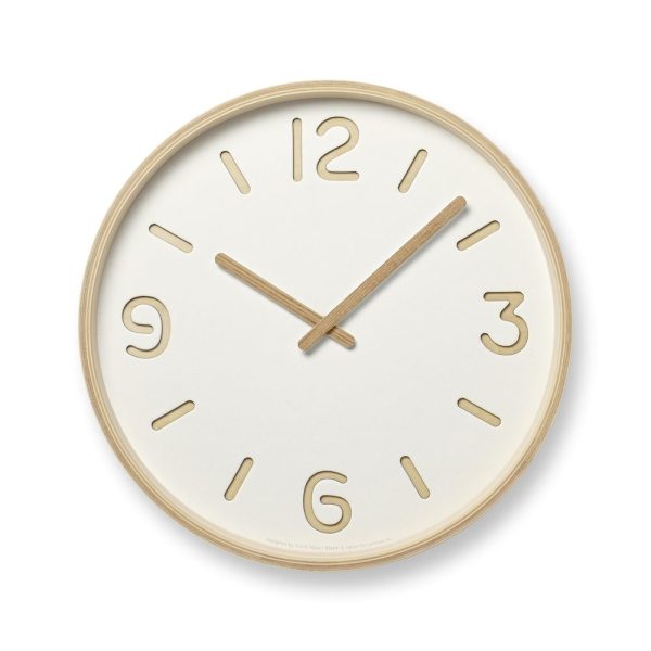 Thomson Paper White Clock, beautifully designed with paper cut out numbers to reveal the wood beneath, complimented by wooden hands