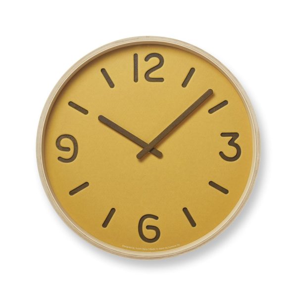 Yellow and Wood Thomson Wall Clock. the numbers are paper cup to reveal the wood underneath