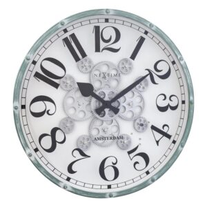 White clock with silver gears and green case, giving a lovely vintage style wall clock